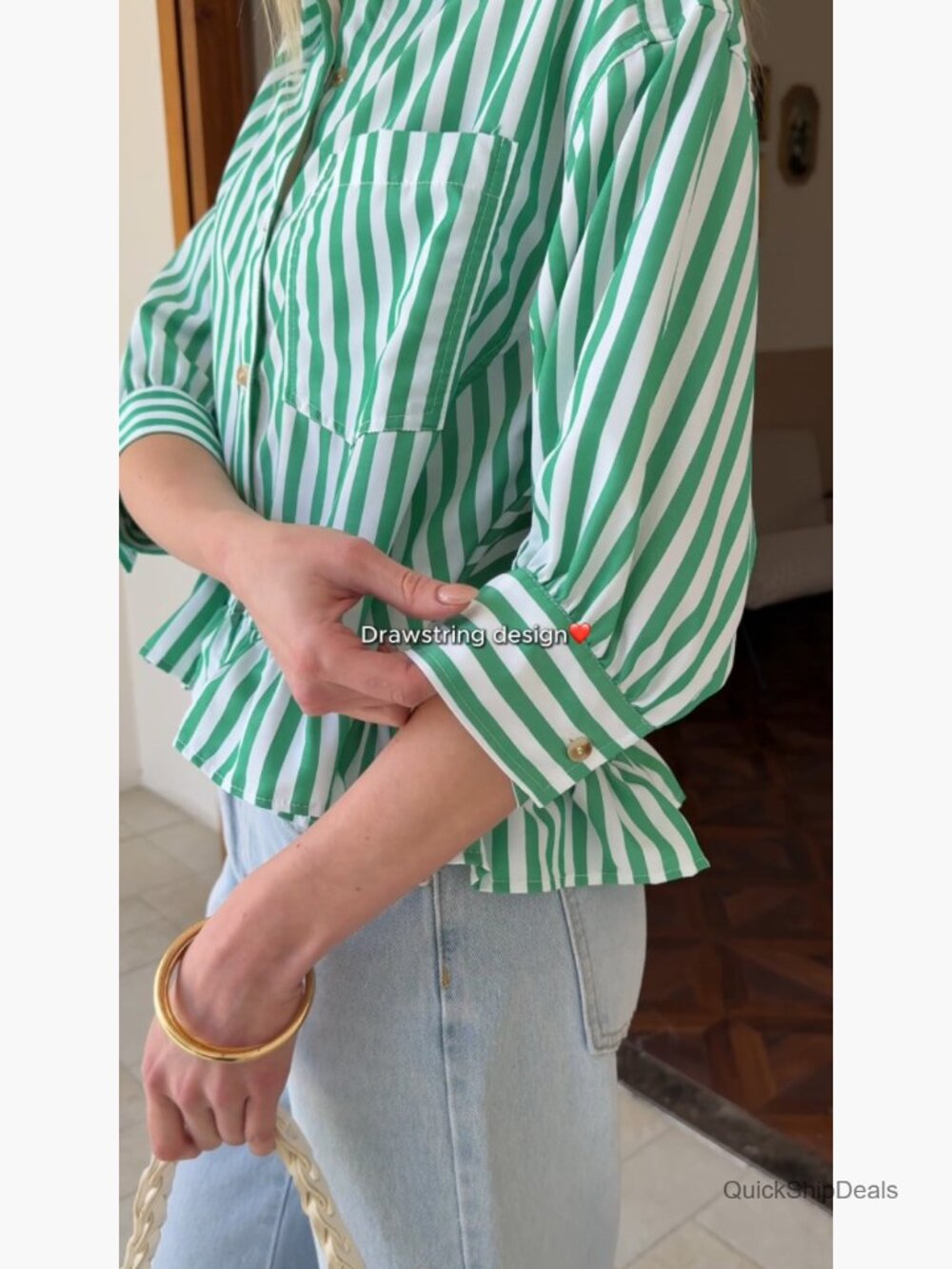 Cropped Striped Button Down Shirt Ruffle 3/4 Sleeve Blouse - Picture 6 of 7